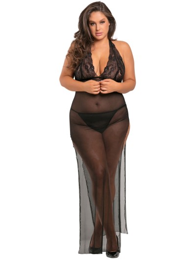 Nuisette longue grande taille fendue transparente 
