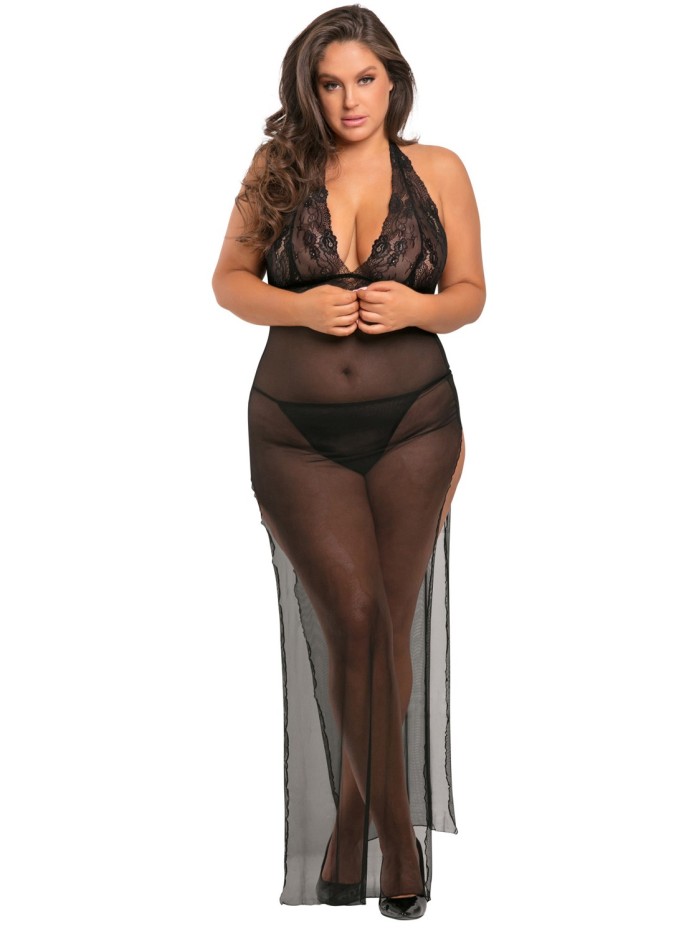 Nuisette longue grande taille fendue transparente 