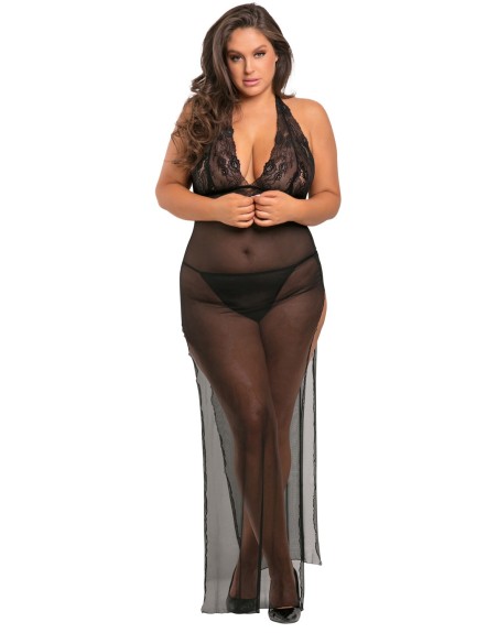 Nuisette longue grande taille fendue transparente 