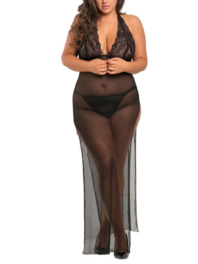 Nuisette longue grande taille fendue transparente 