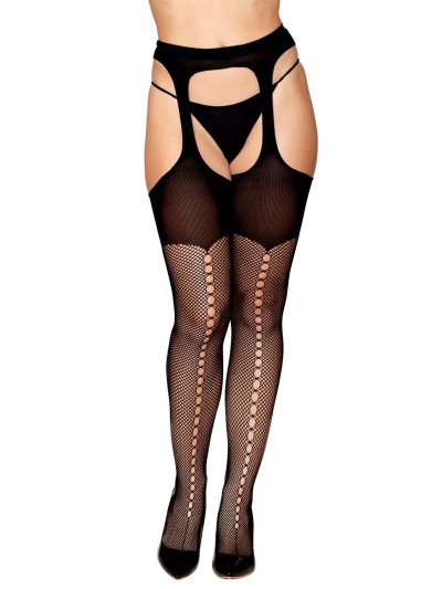 Collant porte-jarretelles en fine résille noire opaque 