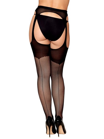 Collant porte-jarretelles en fine résille noire opaque 