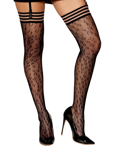 Bas résille dessin léopard avec jarretières noires/transparentes 