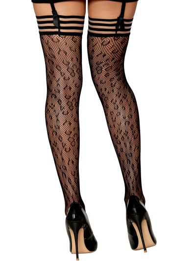 Bas résille dessin léopard avec jarretières noires/transparentes 