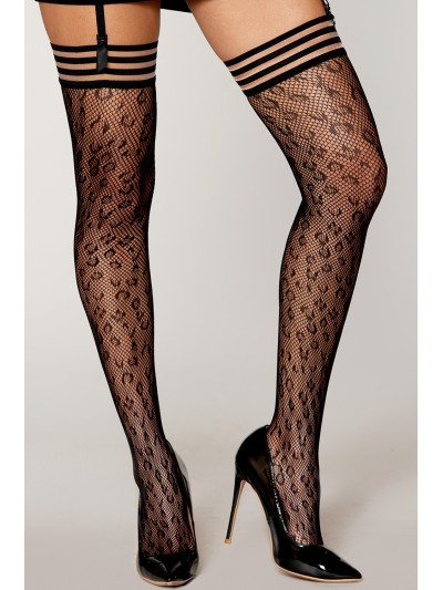 Bas résille dessin léopard avec jarretières noires/transparentes 