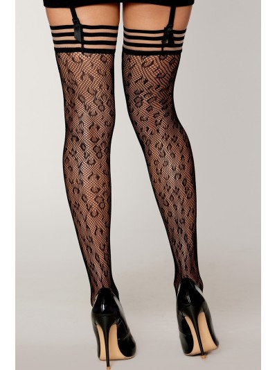 Bas résille dessin léopard avec jarretières noires/transparentes 
