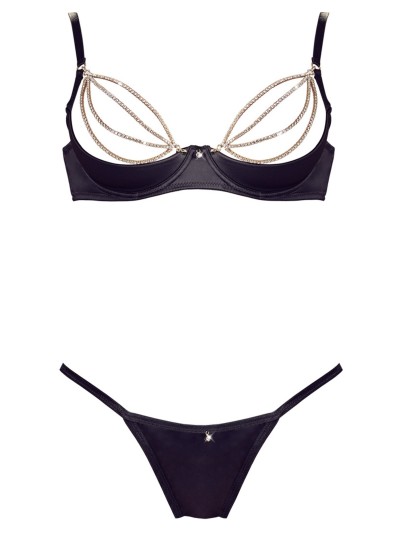 Soutien-gorge sexy demi-seins en satin avec chainette et string 