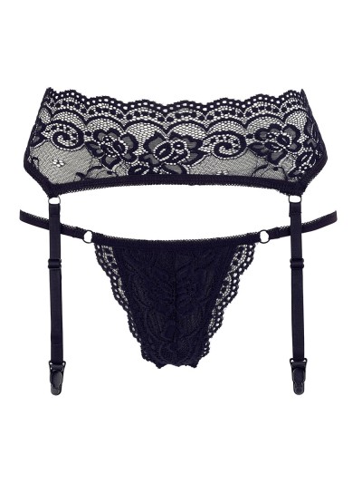 Porte-jarretelles en dentelle noire et string assorti 