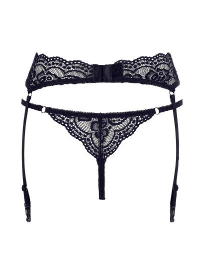 Porte-jarretelles en dentelle noire et string assorti 