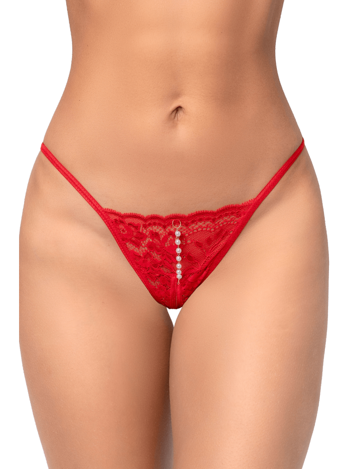String rouge en dentelle avec perle suspendue 