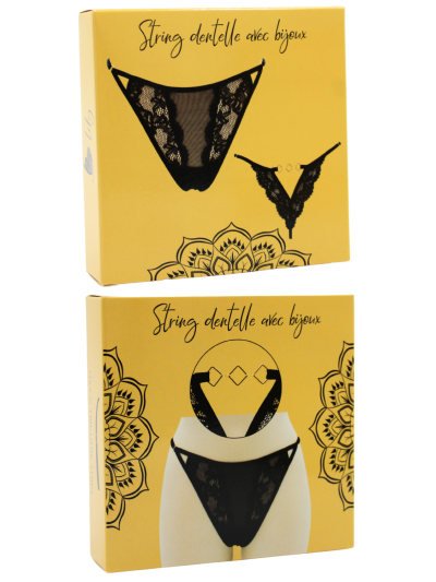 Tanga noir en dentelle avec bijou losanges dorés 