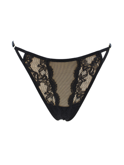 Tanga noir en dentelle avec bijou losanges dorés 