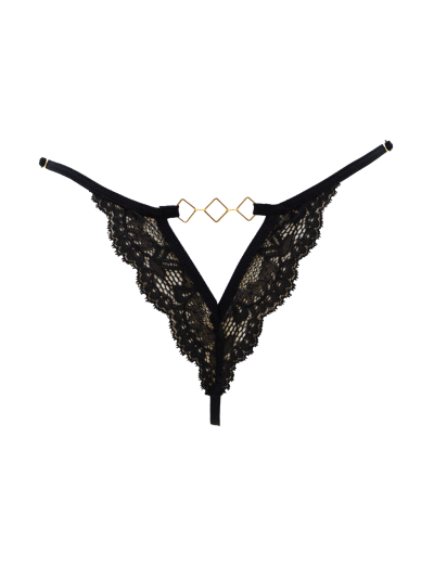 Tanga noir en dentelle avec bijou losanges dorés 