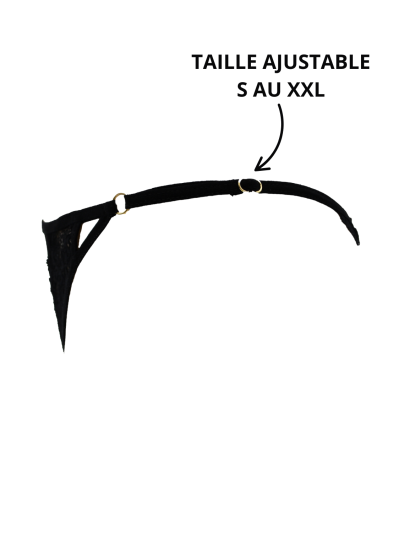 Tanga noir en dentelle avec bijou losanges dorés 