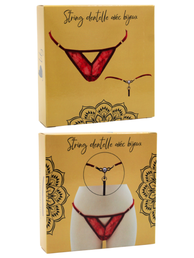 String rouge avec bijou perle  strass dorés 