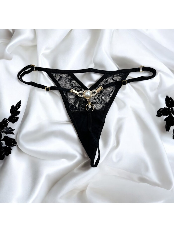 String noir avec bijou perle  strass dorés 