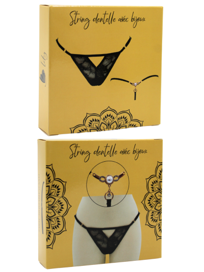 String noir avec bijou perle  strass dorés 