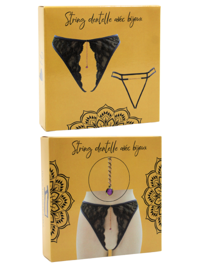 String gris avec bijou couleur aléatoire et chaîne dorée 