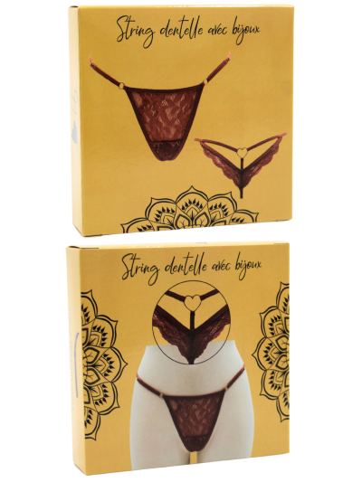 String taupe en dentelle avec bijou cœur doré 