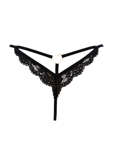 String noir en dentelle avec bijou cœur doré 