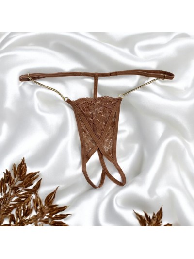 String en dentelle taupe ouvert avec chaînes dorées 