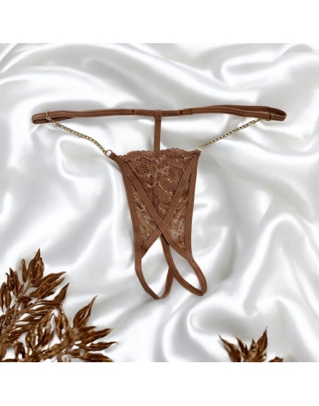 String en dentelle taupe ouvert avec chaînes dorées 