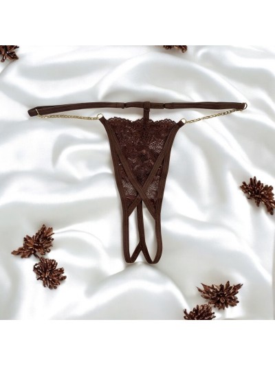String en dentelle marron ouvert avec chaînes dorées 