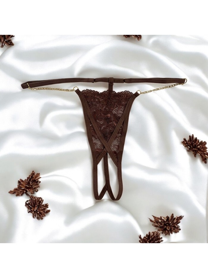 String en dentelle marron ouvert avec chaînes dorées 