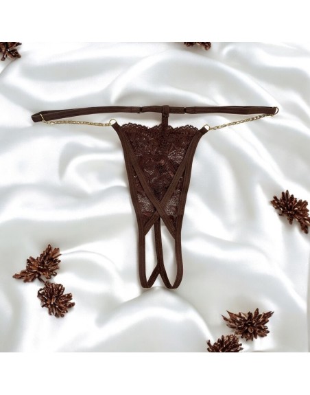 String en dentelle marron ouvert avec chaînes dorées 