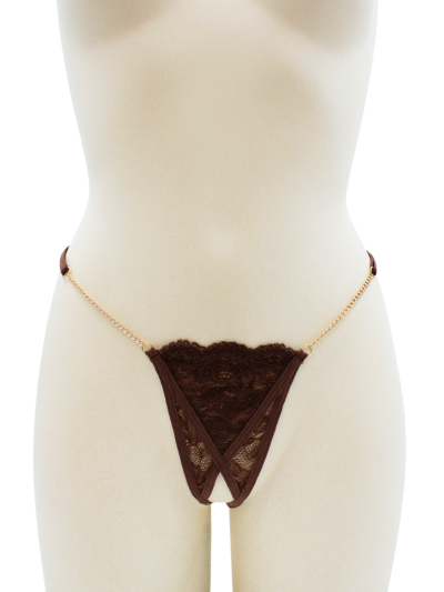 String en dentelle marron ouvert avec chaînes dorées 