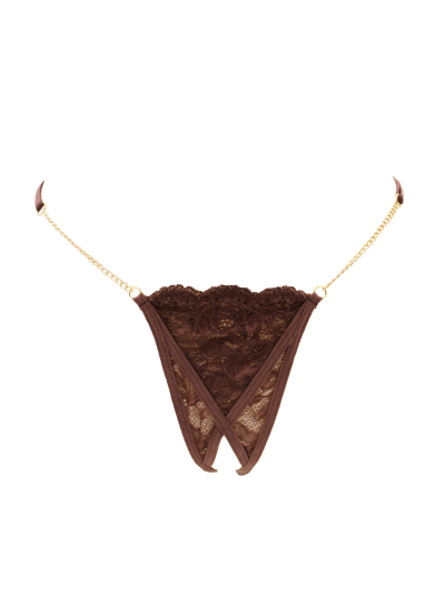 String en dentelle marron ouvert avec chaînes dorées 