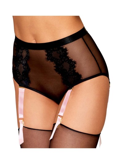 Culotte en résille et dentelle noire avec jarretelles roses 