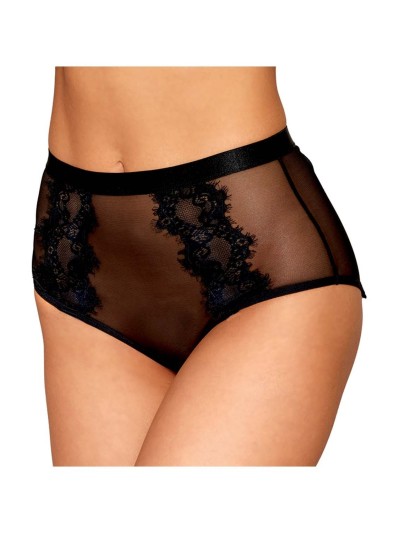 Culotte en résille et dentelle noire avec jarretelles roses 