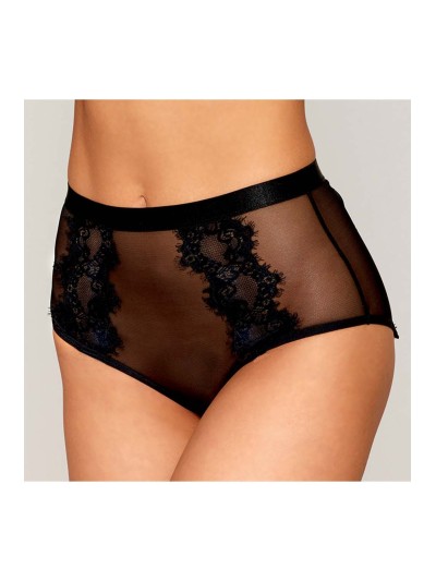 Culotte en résille et dentelle noire avec jarretelles roses 