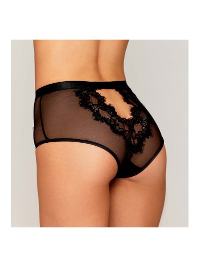 Culotte en résille et dentelle noire avec jarretelles roses 