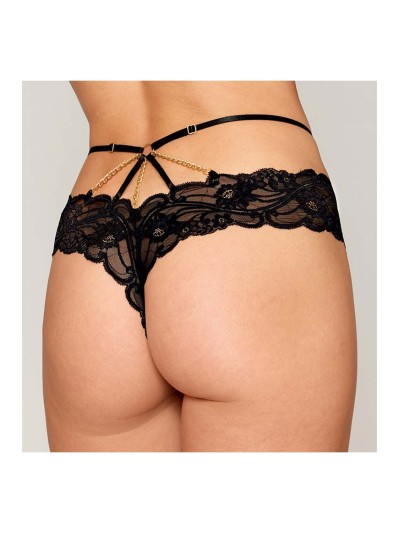 Culotte en dentelle noire avec lanières et chaines dorées 