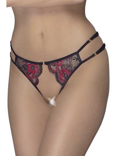 Culotte ouverte en fine dentelle florale rouge et noire 