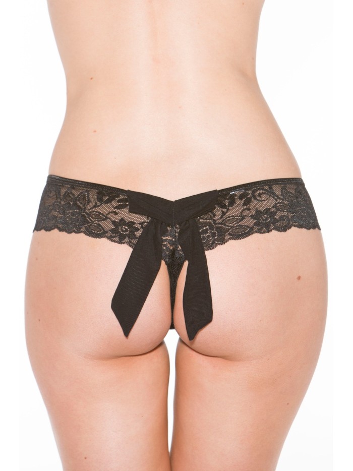Tanga string noir en dentelle avec noeud arrière 