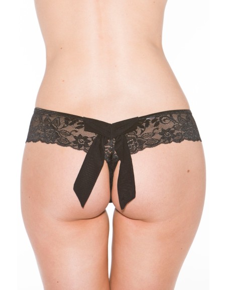 Tanga string noir en dentelle avec noeud arrière 
