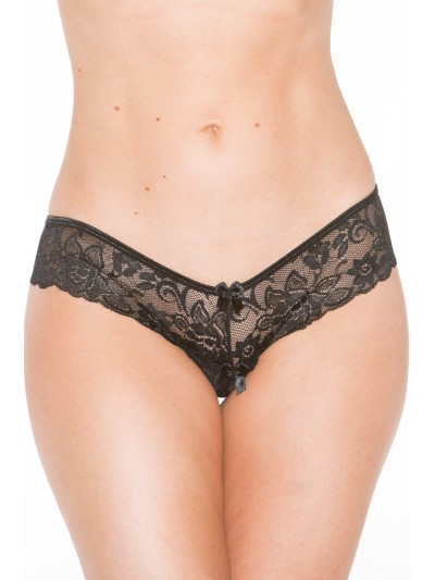Tanga string noir en dentelle avec noeud arrière 