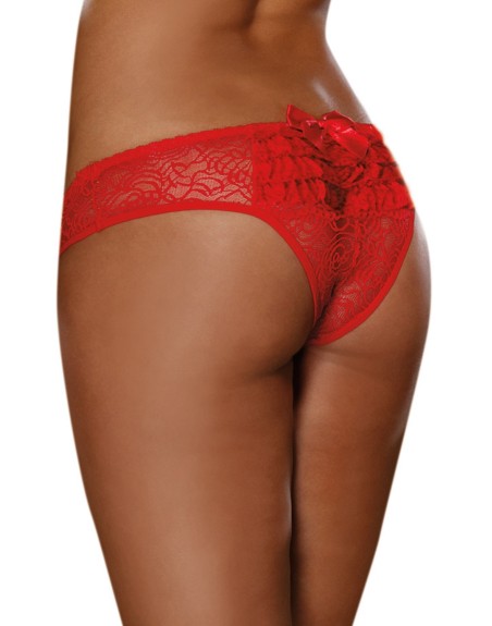 Tanga ouvert rouge dentelle avec noeud sur les fesses 