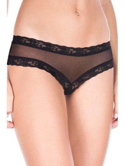 Tanga string ouvert noir maille transparente et dentelle 