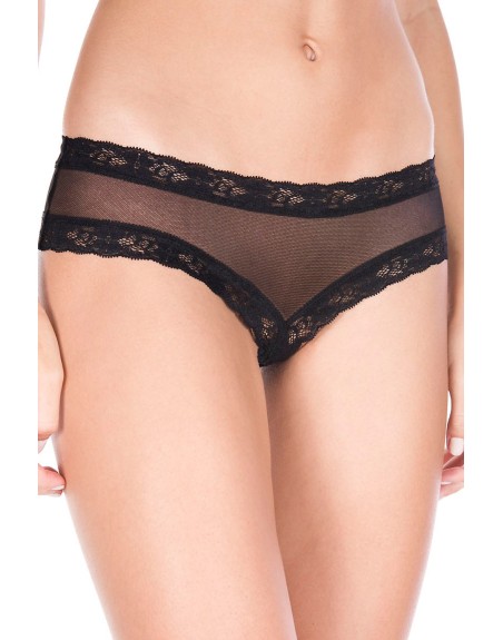 Tanga string ouvert noir maille transparente et dentelle 