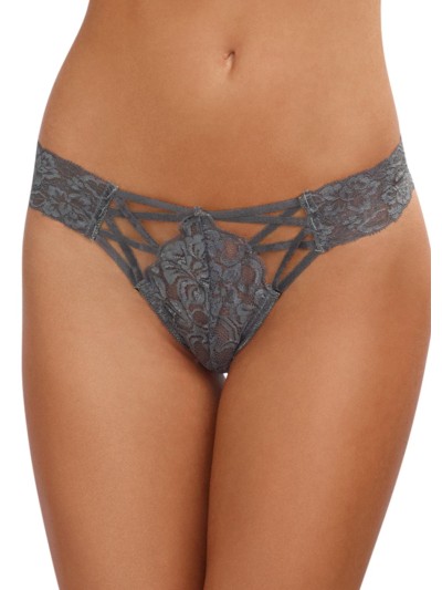 Tanga gris dentelle sexy ajouré sur l'avant 