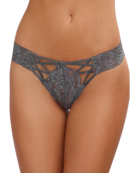 Tanga gris dentelle sexy ajouré sur l'avant 