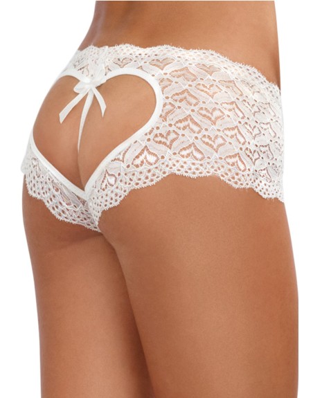 Shorty blanc de dentelle ouvert et ajouré sur les fesses forme coeur 