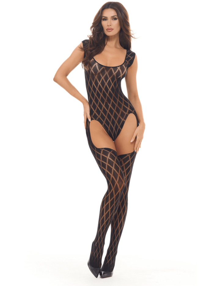 Combinaison body en résille noire avec bas intégrés 