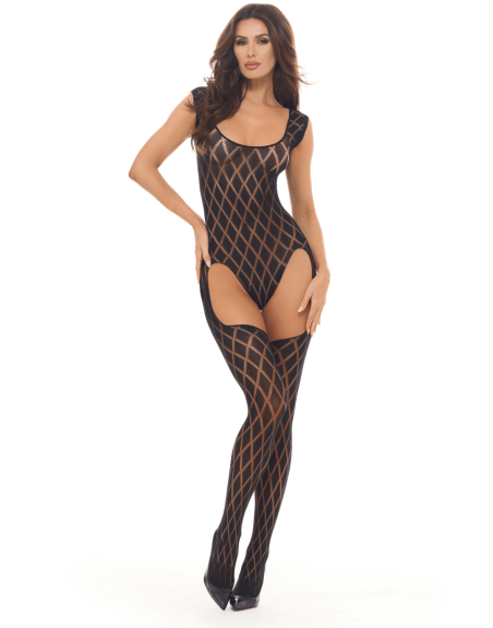 Combinaison body en résille noire avec bas intégrés 