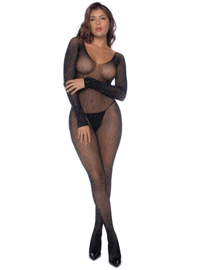 Combinaison noire en résille ornée de strass 