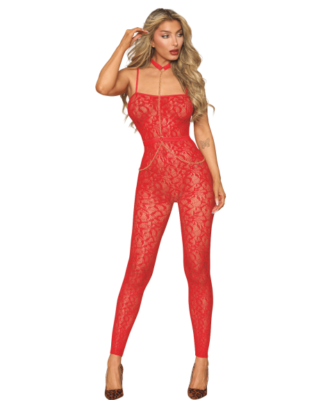 Bodystocking sans couture, fantaisie rouge avec chainettes amovibles 